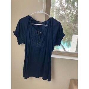 Nordstrom By Design Navy Blue Lace Trimmed Short Sleeve Top Women's Size L